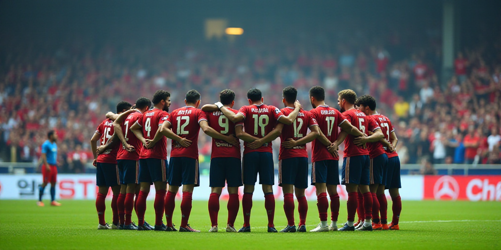 a group of soccer players huddle together on the field in front of a crowd of fans at a soccer game,