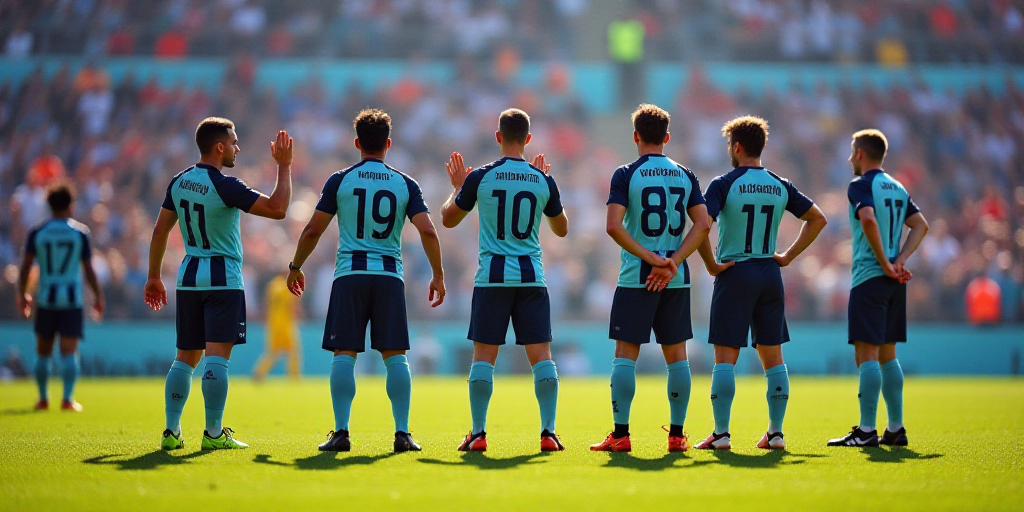 a group of soccer players standing on a field with their hands together and clapping to the crowd be