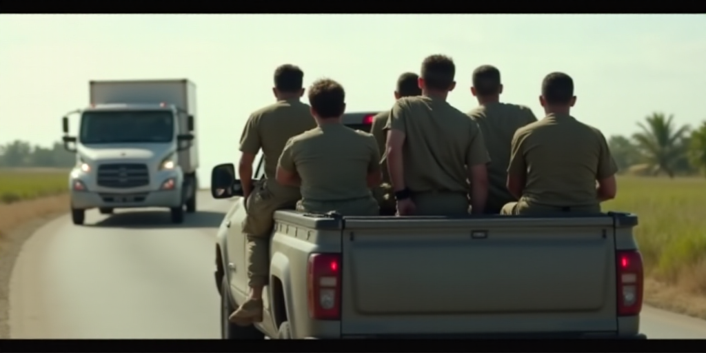 a group of soldiers riding in the back of a truck on a road with a car behind them and a truck behin