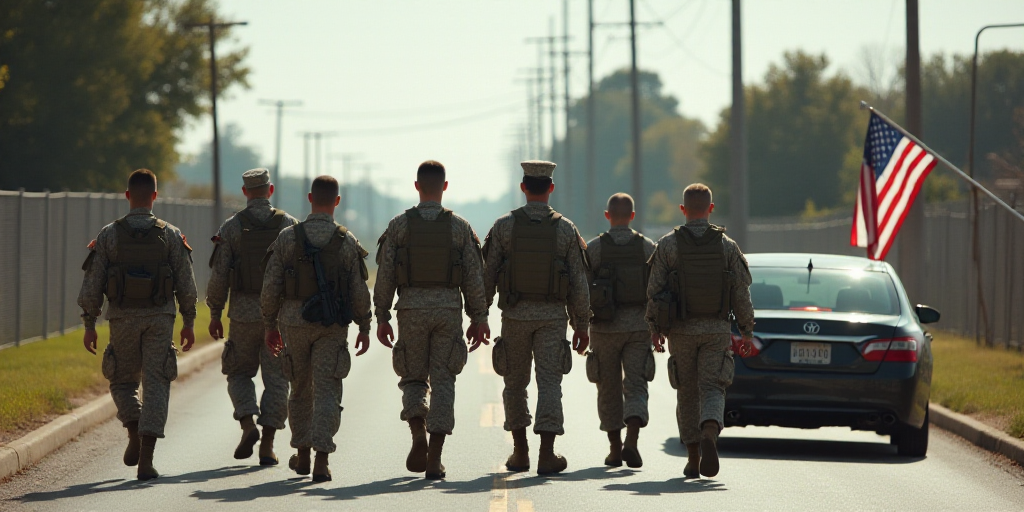 a group of soldiers walking down a street next to a car and a fenced in area with a flag on it, Denn