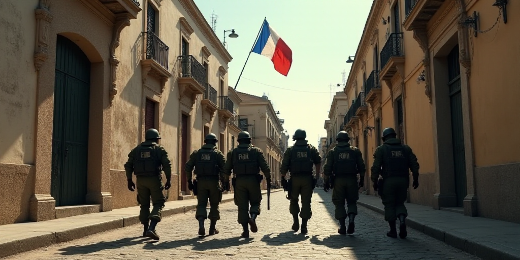 a group of soldiers walking down a street next to a building with a gate and a flag on it, Estuardo