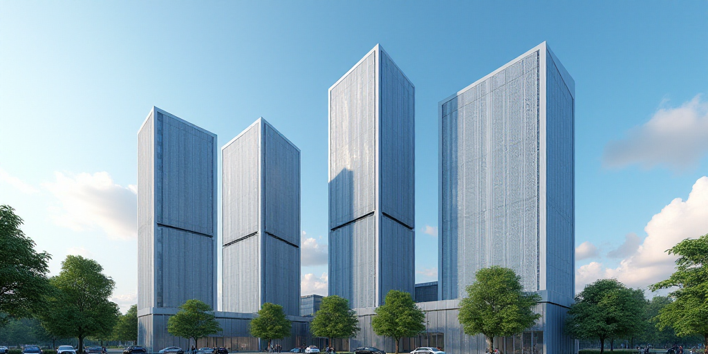 a group of tall buildings with a sky background and clouds in the background, with a blue sky and so