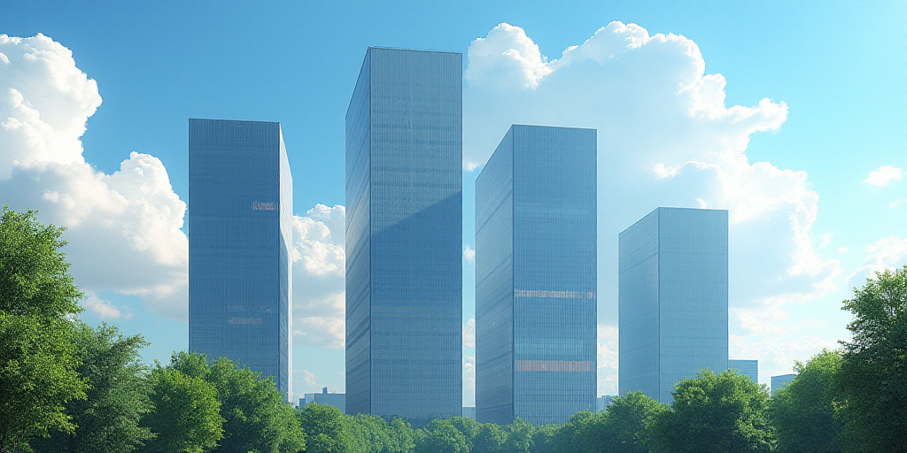 a group of tall buildings with a sky background and trees in the foreground, with a blue sky and clo