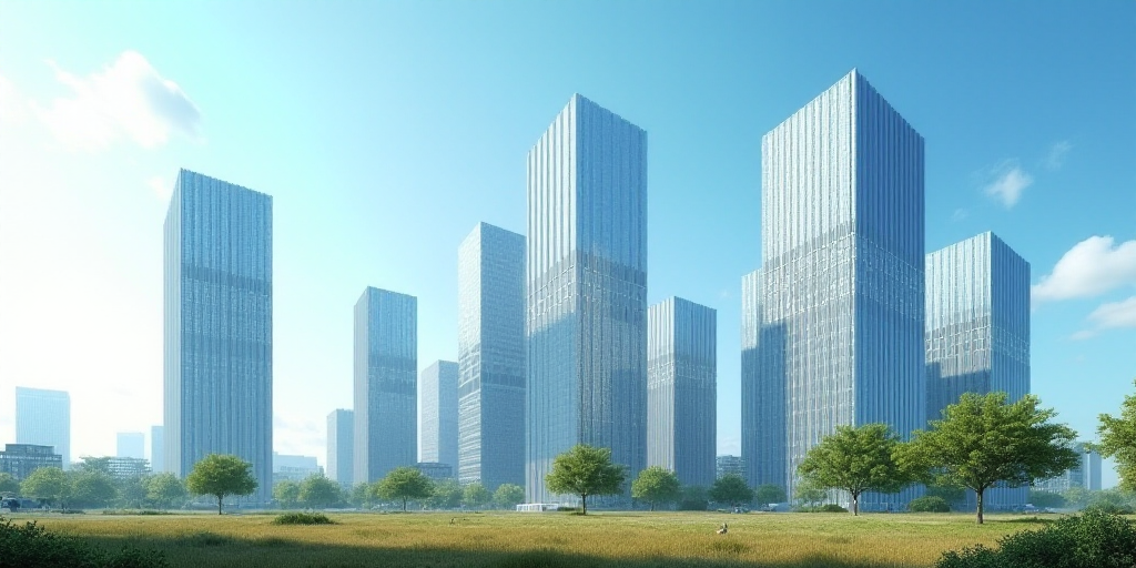 a group of tall buildings with a blue sky in the background and a few trees in the foreground, Engue