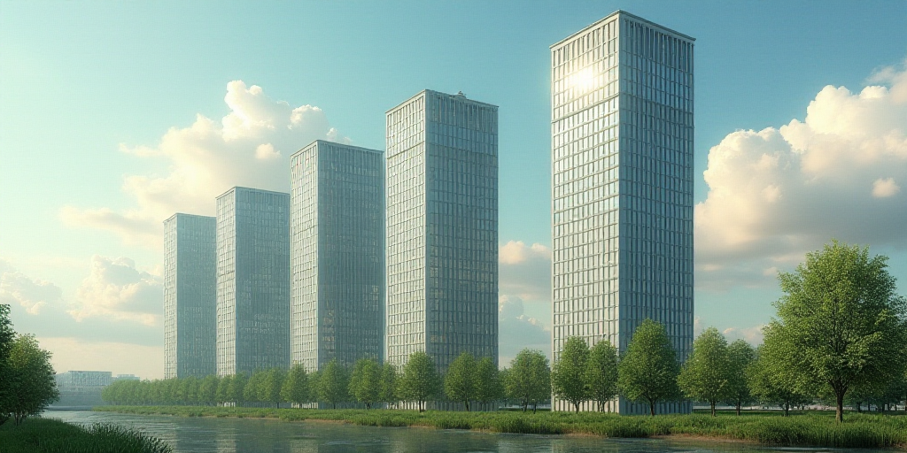 a group of tall buildings with trees in front of them and a sky background with clouds in the sky, E