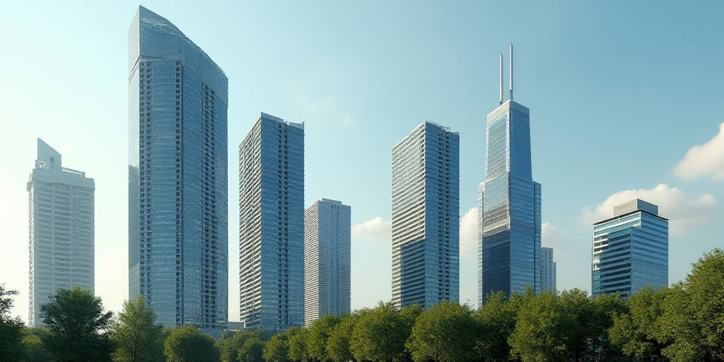 a group of tall buildings with a sky background and trees in front of them, with a sky background, E