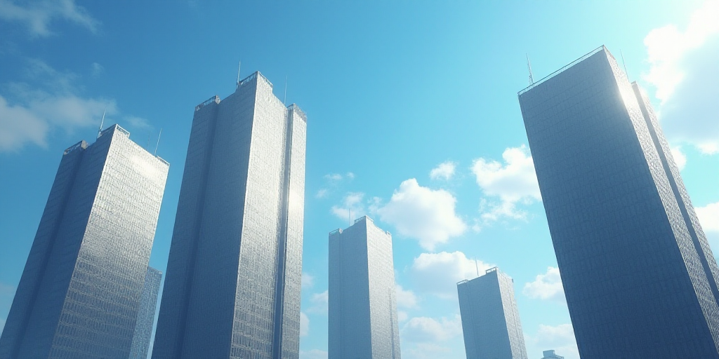 a group of tall buildings with a sky background and a blue sky in the background with a few clouds,