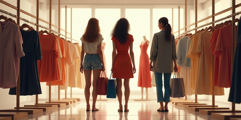 a group of women standing in a store next to each other holding shopping bags and looking at clothes
