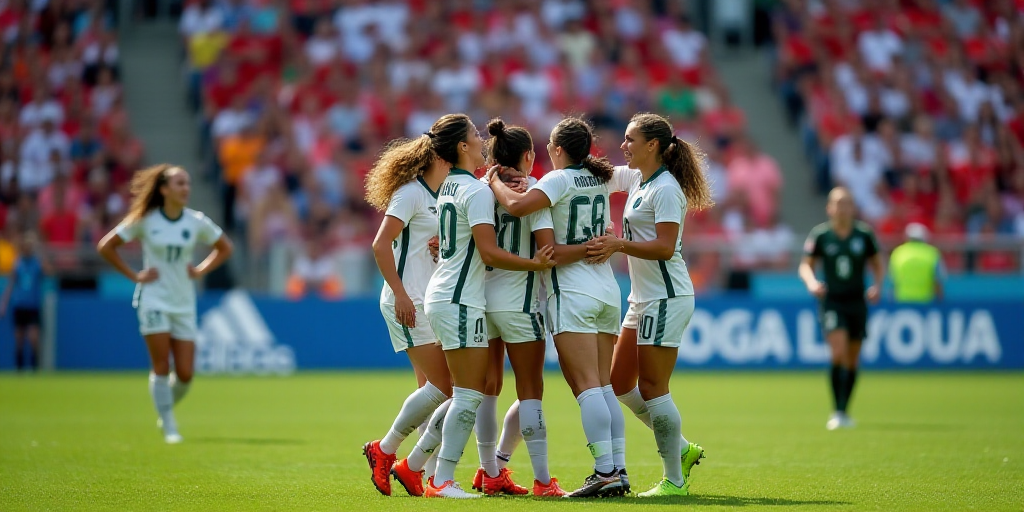 a group of women's soccer players are celebrating a goal on a field with a crowd watching them, Fabi