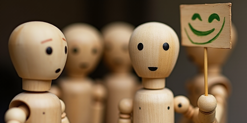 a group of wooden people with faces drawn on them and a sign with a green smiley face on it, Évaris