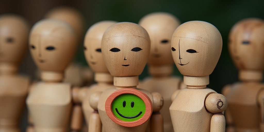 a group of wooden people with faces drawn on them and a sign with a green smiley face on it, Évaris