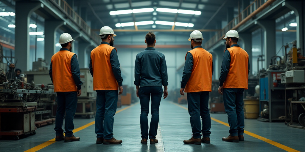 a group of workers standing in front of a machine in a factory or factory area with equipment on the