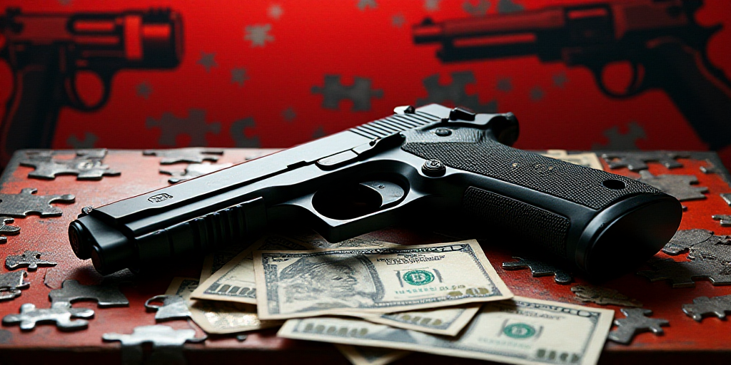 a gun and a gun on a table with money and a gun in the background with a red and black collage, Andr