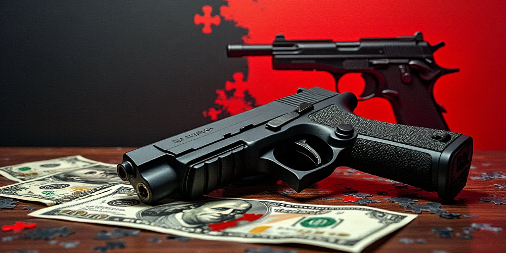 a gun and a gun on a table with money and a gun in the background with a red and black collage, Andr