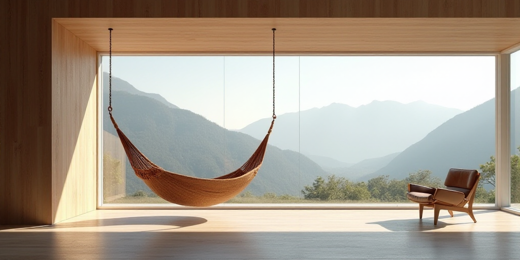 a hammock hanging in a room with a view of a mountain range outside the window and a table with a ch
