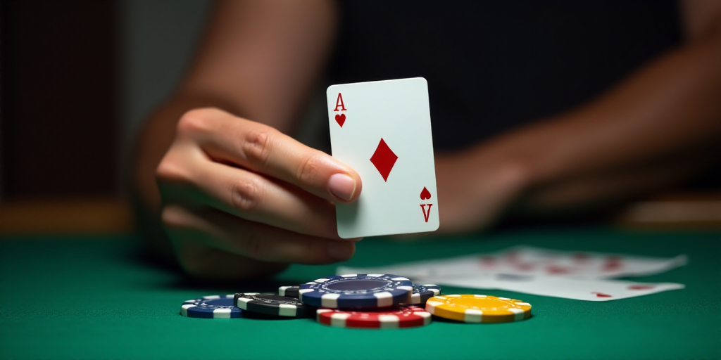 a hand holding a playing card over a table with playing chips on it and a casino chip in front of it