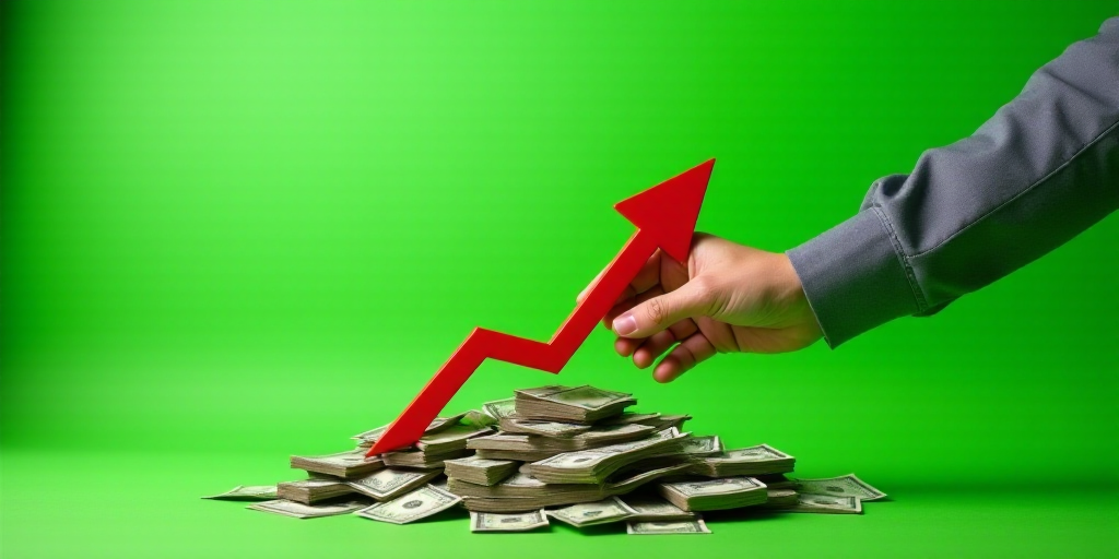 a hand holding a red arrow over a pile of money with a green background and a green arrow pointing u