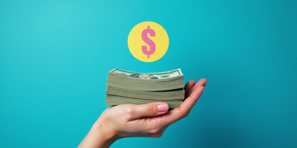 a hand holding a stack of money with a blue background and a dollar sign above it that reads 20 cent