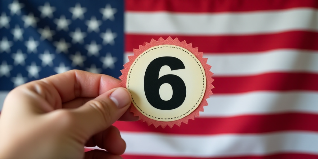 a hand holding a tag with the number six on it in front of a flag of the united states, Americo Makk