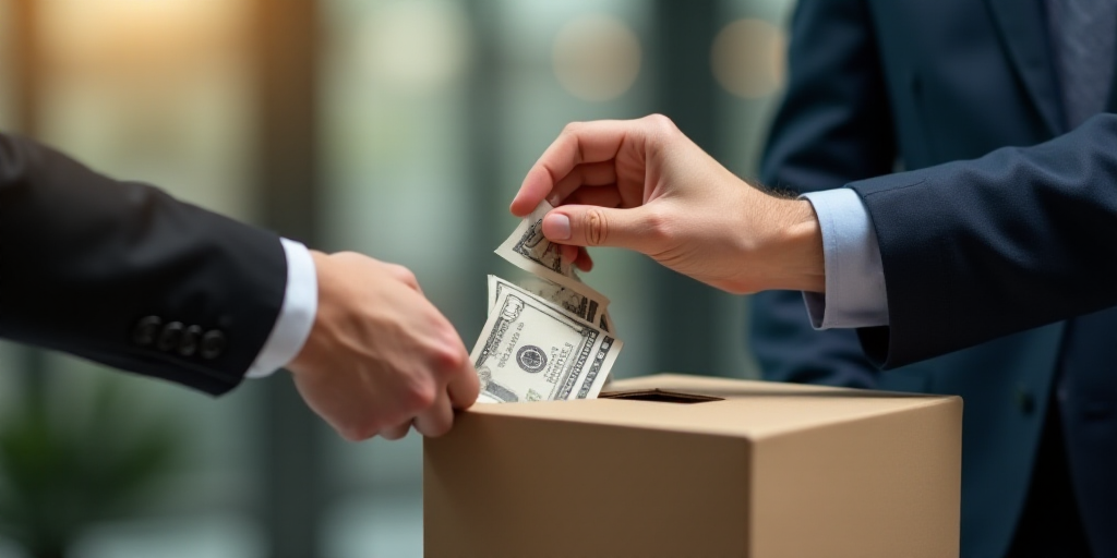 a hand is putting money into a box to be handed to another person by a person in a suit, Avgust Čer