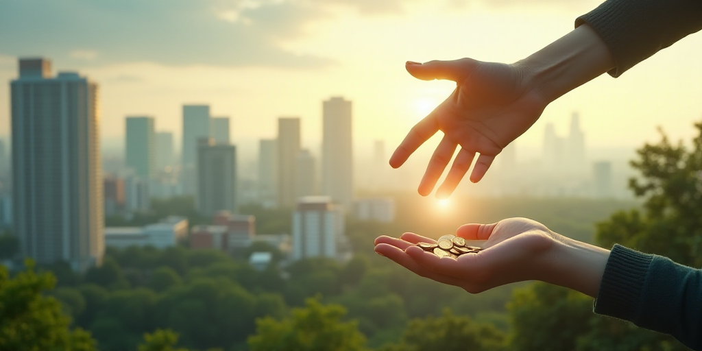 a hand is reaching for money in front of a city skyline with trees and buildings, with a hand reachi