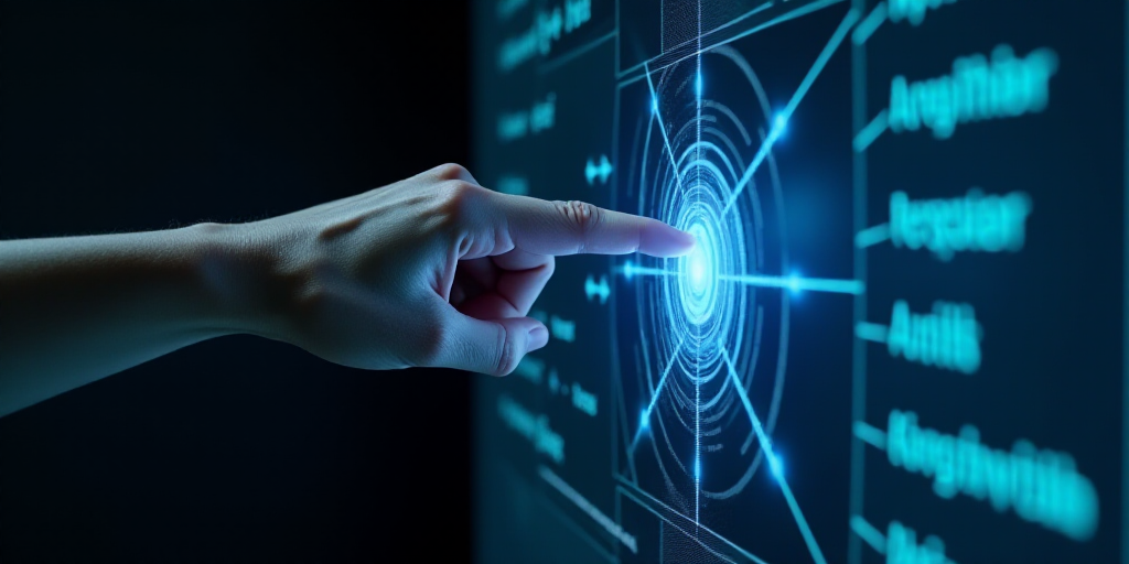 a hand pointing at a computer screen with a glowing image of a hand pointing at a computer screen wi
