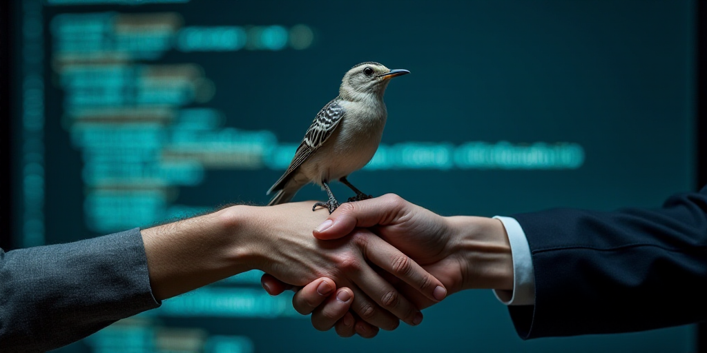 a hand shaking another hand with a bird on top of it, in front of a computer screen with a backgroun
