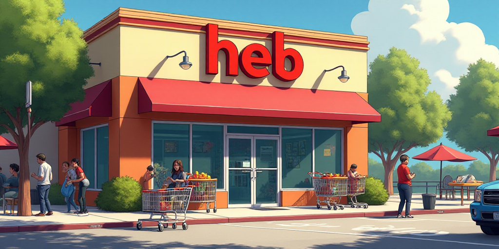a heb store with a shopping cart parked outside of it and people walking around the store front area