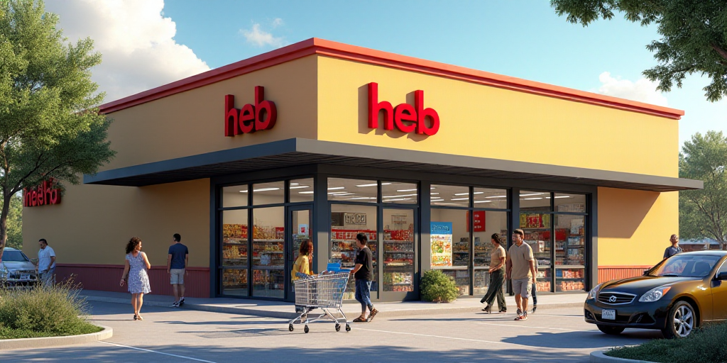 a heb store with a shopping cart parked outside of it and people walking around the store front area