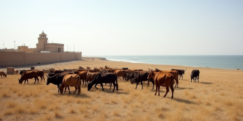 a herd of cattle grazing on a dry grass field next to a wall and a building with a tower, Bouchta El