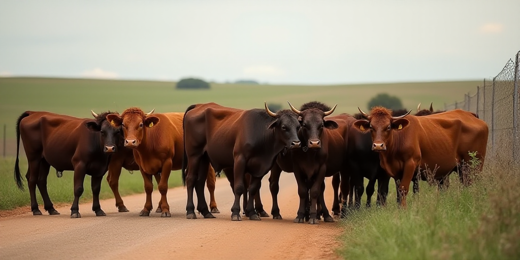 a herd of cattle standing next to each other on a dirt field next to a fence and a road, Afewerk Tek