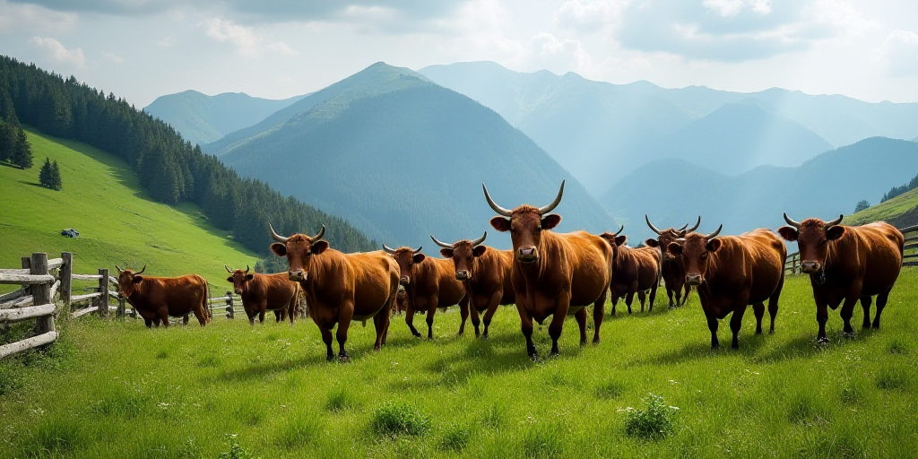 a herd of cattle walking across a lush green field next to a wooden fence on a hillside near mountai