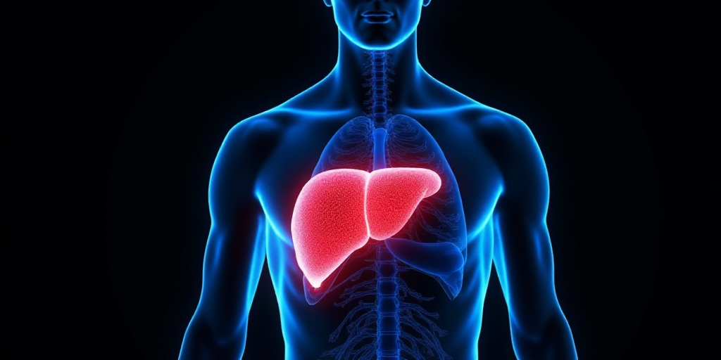 a human body with the liver highlighted in blue and red colors, with a black background and a black