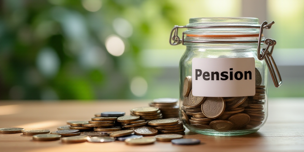 a jar of coins with a sign that says pension on it and a pile of coins in front of it, Evelyn Abelso