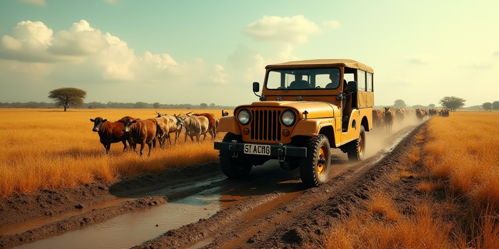 a jeep driving through a muddy field with a herd of cattle behind it on a sunny day in the country,