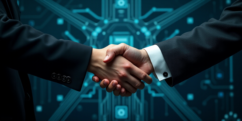 a judge and a judge's hand shaking hands over a circuit board background with a circuit board printe