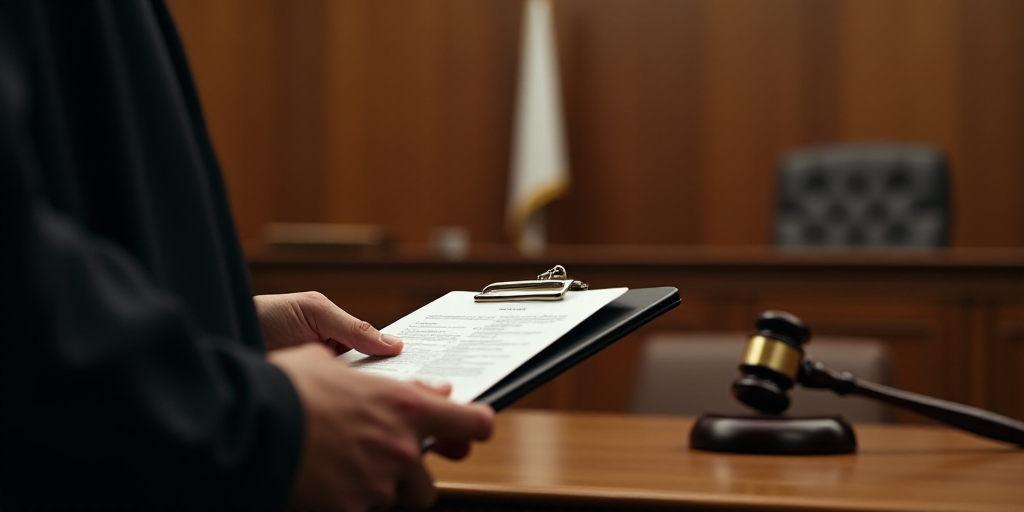 a judge's gaven and a clipboard with a document on it in front of a courtroom, Carlos Trillo Name, f
