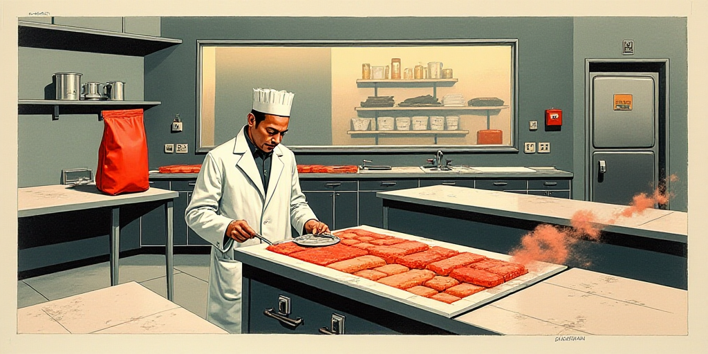 a kitchen with a conveyor belt and a person in a white coat and a red bag in the background, Enguerr