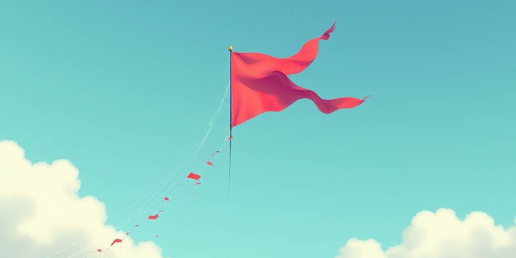 a kite with a flag on it being flown in the sky by a pair of strings with a kite on it, Americo Makk