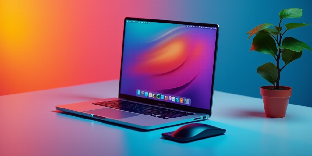 a laptop computer sitting on top of a colorful surface next to a mouse and a cell phone on a table,