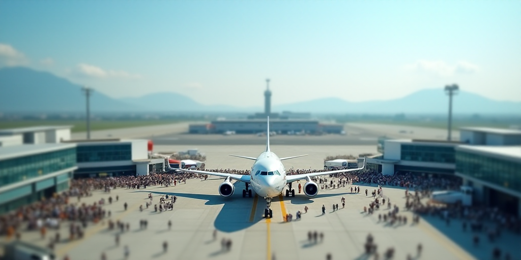 a large airport with a lot of people standing around it and a plane in the background with a sky bac