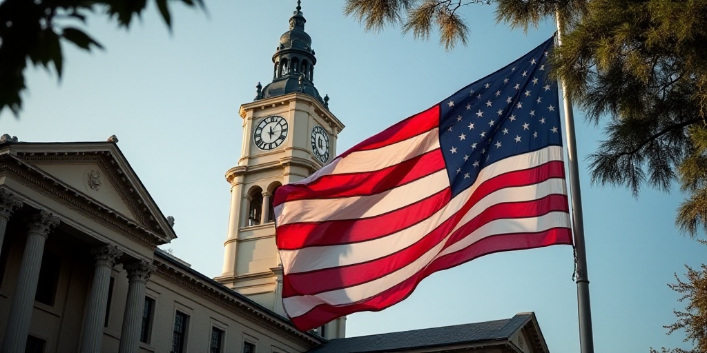 a large american flag flying in front of a building with a clock tower in the background and a tree