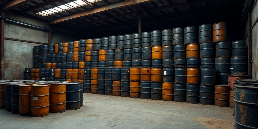 a large amount of barrels are stacked up in a warehouse with a roof over them and a few other contai