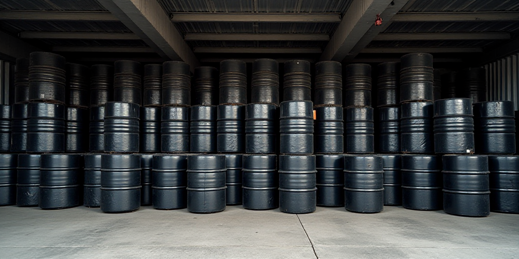 a large amount of barrels are stacked up in a warehouse with a roof over them and a few other contai