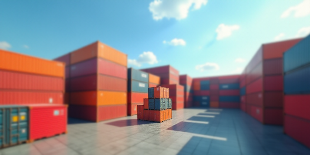 a large amount of containers are stacked together in a large container yard, with a sky background a