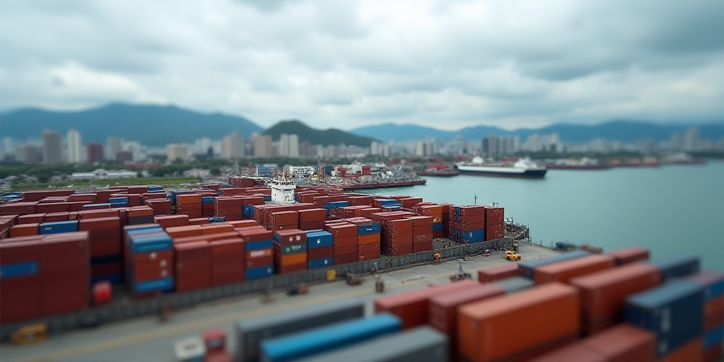 a large amount of containers are stacked on a dock near the water and mountains in the distance, wit