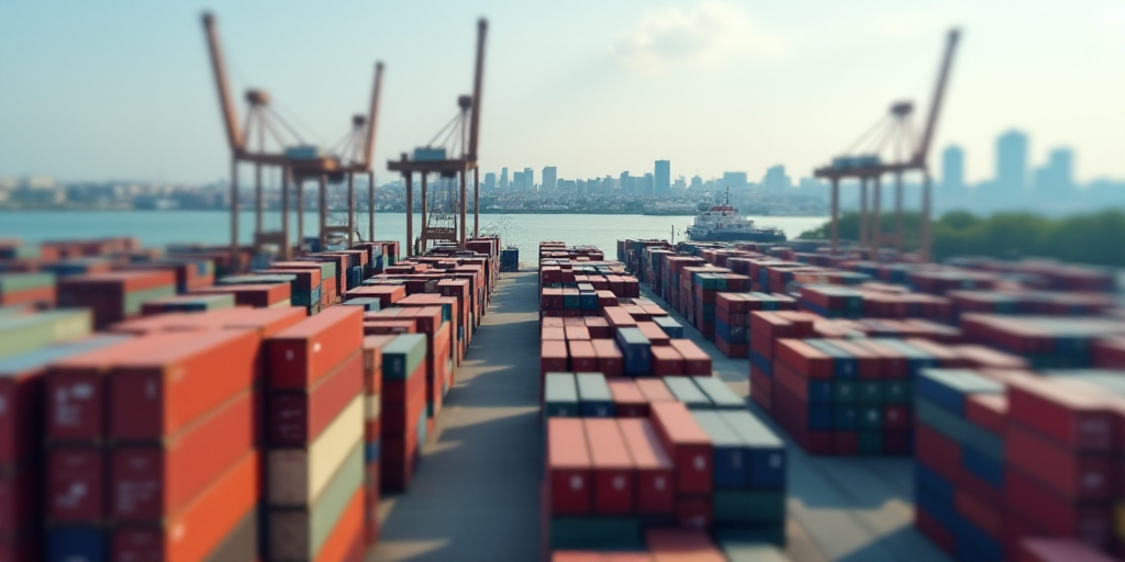 a large amount of containers are stacked up in a harbor area with cranes in the background and a cit