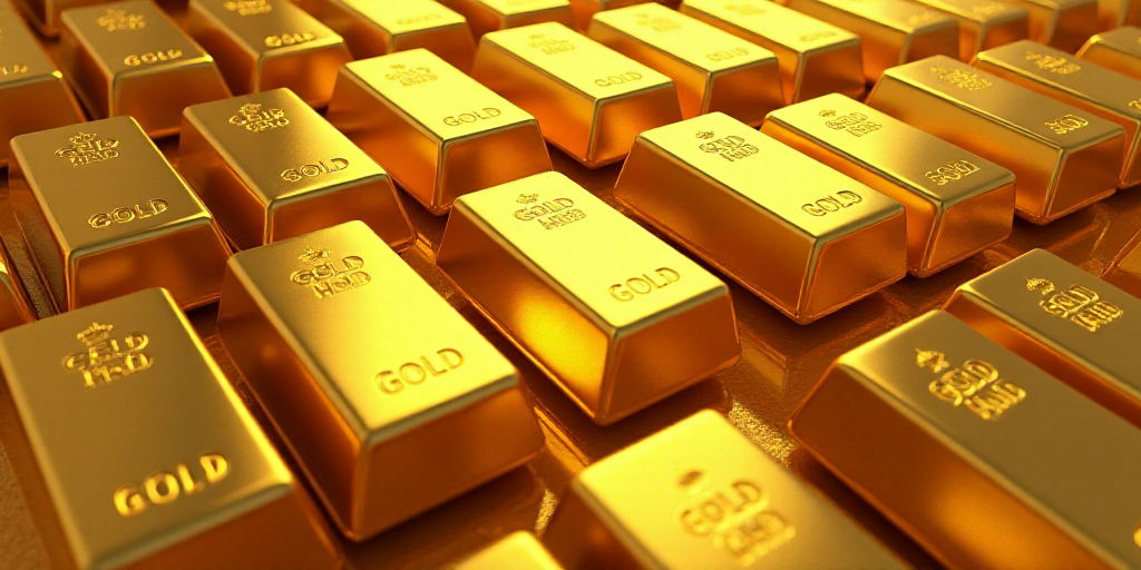 a large amount of gold bars are stacked together in rows and stacked on top of each other, with the