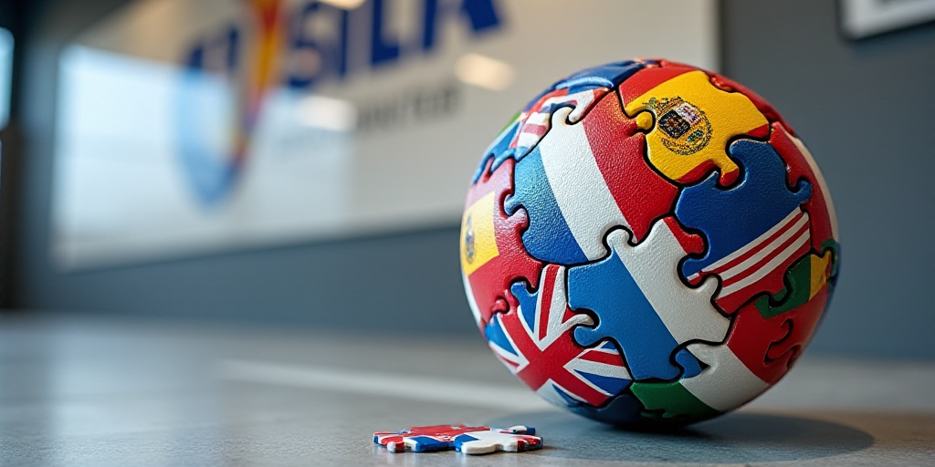 a large ball with flags of different countries on it is in front of a wall with a logo of the compan