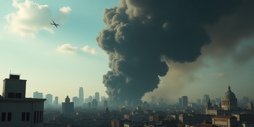 a large black cloud of smoke billowing from a building in a city with buildings in the background an